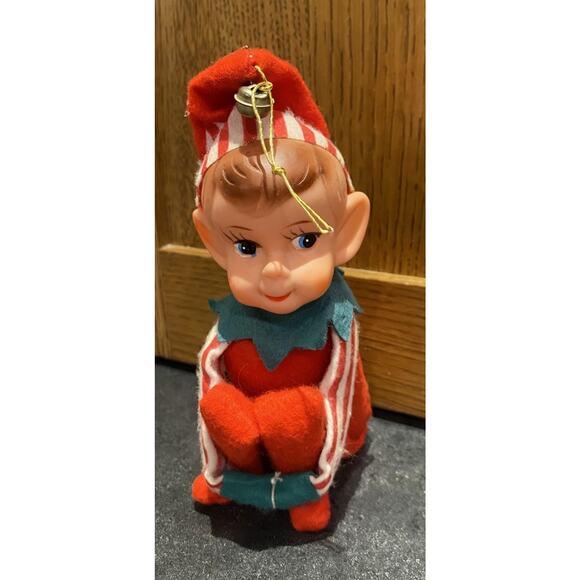 VTG 1950 Christmas Ornament Elf Japan Knee Hugger Plastic Face Kitschy - Picture 1 of 7